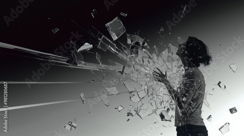 A powerful abstract portrayal of mental chaos, with shattered glass fractals symbolizing the fragility of the mind, creating a sense of disarray and emotional breakdown.






