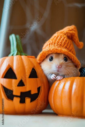 A cute hamster wearing an orange hat peeks out from behind festive Halloween pumpkins, capturing a playful autumn vibe. photo