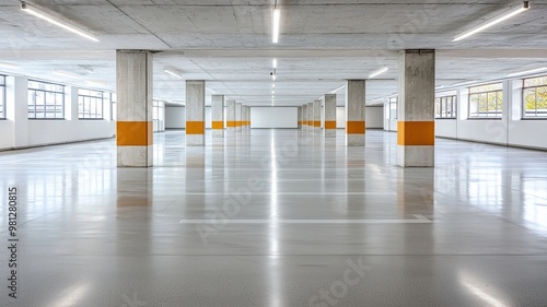 A spacious and modern parking garage featuring polished concrete floors and bright lighting. design includes orange accents on columns, creating clean and organized environment photo