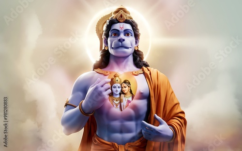 A powerful depiction of the Hindu deity Hanuman, with his heart containing the image of Rama and Sita, signifying devotion and loyalty.