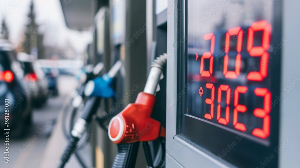 Fototapeta premium Close up digital gas pump screenshowing rising fuel prices at busy gas station, clear increase in numbers reflecting rising gas pricesconcept.