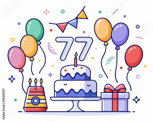77 Birthday Vector With Cake, Balloons And Confetti