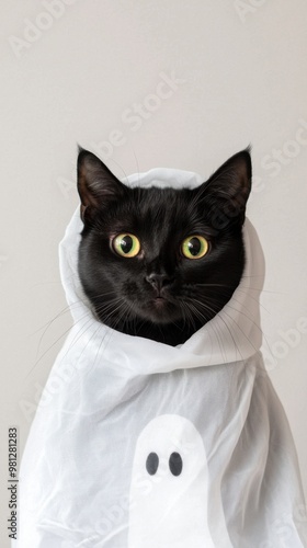 A playful black cat dressed as a ghost, showcasing vibrant yellow eyes and a whimsical appearance, perfect for Halloween themes. photo