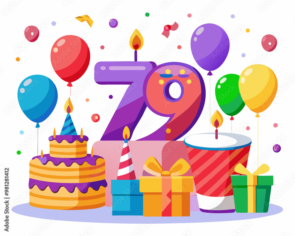 79 Birthday Vector With Cake, Balloons And Confetti 79 Birthday Vector With Cake, Balloons And Confetti