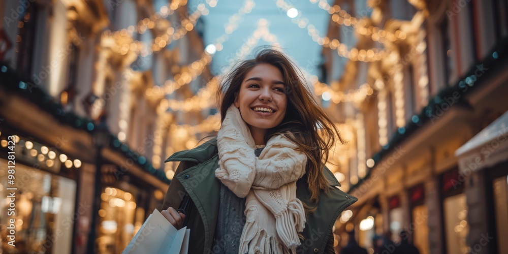 During the winter season, a woman experiences the joyful Christmas spirit while shopping on a festive street adorned with colorful lights, immersing herself in the festive ambiance During the winter season, a woman experiences the joyful Christmas spirit while shopping on a festive street adorned with colorful lights, immersing herself in the festive ambiance
