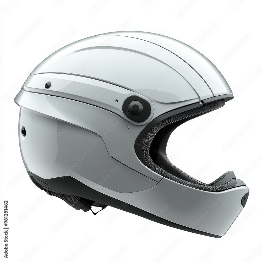 A sleek, modern white motorcycle helmet designed for safety and style, featuring an aerodynamic shape and built-in visor, white background