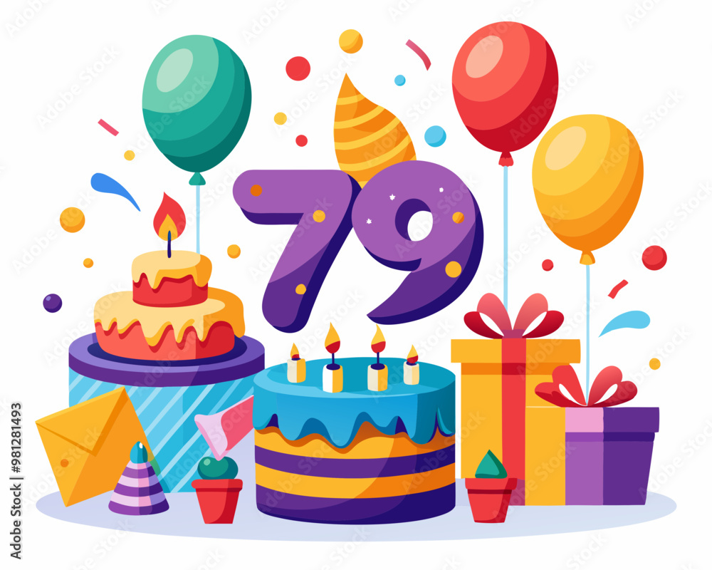 79 Birthday Vector With Cake, Balloons And Confetti 79 Birthday Vector With Cake, Balloons And Confetti
