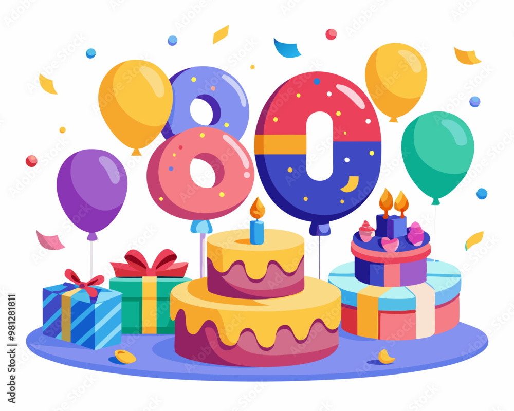 80 Birthday Vector With Cake, Balloons And Confetti 80 Birthday Vector With Cake, Balloons And Confetti