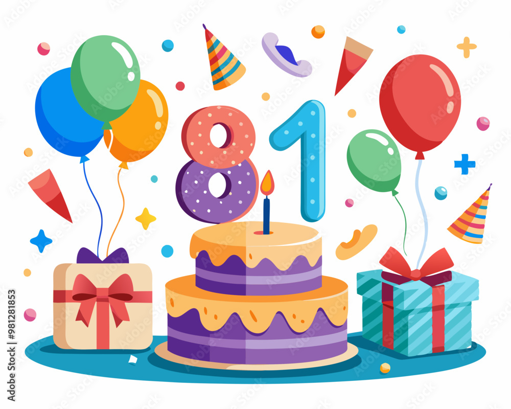 81 Birthday Vector With Cake, Balloons And Confetti 81 Birthday Vector With Cake, Balloons And Confetti