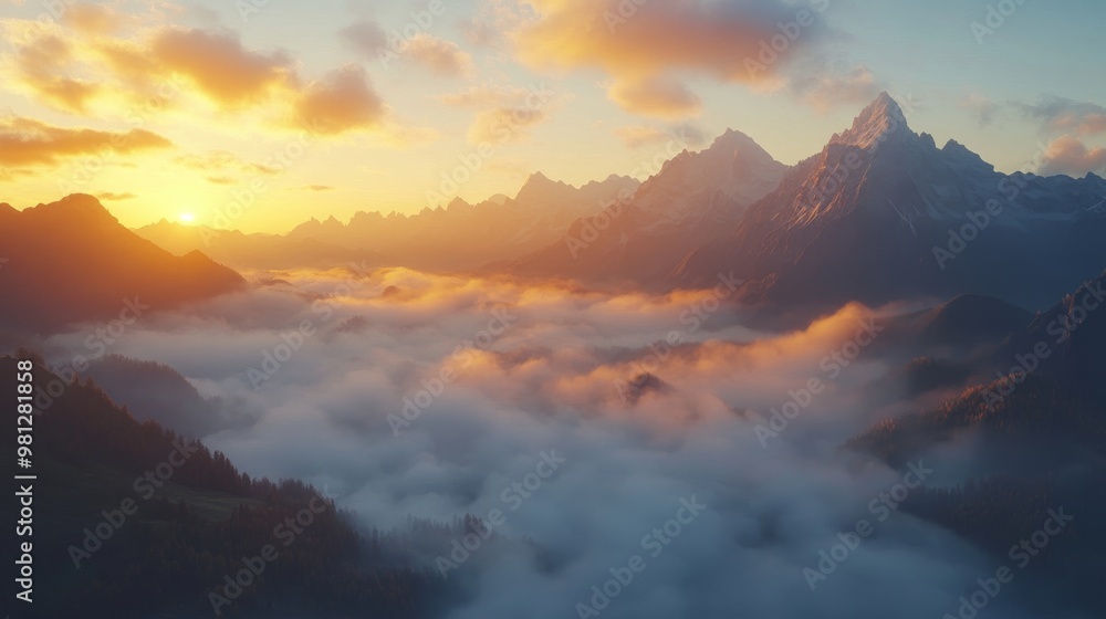 Fototapeta premium Golden Sunset Over a Misty Mountain Range
