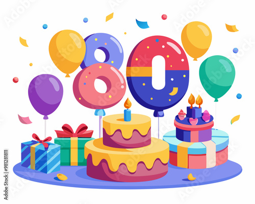 80 Birthday Vector With Cake, Balloons And Confetti