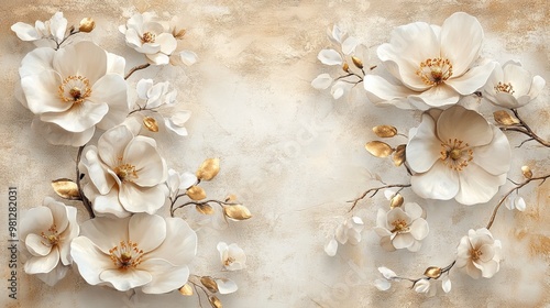 Vintage 3D Wallpaper with White Flowers and Golden Elements on a Beige Background -- AI generated illustration photo