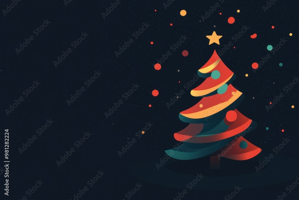 A Stylized Christmas Tree with Ornaments and a Star on Top Against a Dark Background with Scattered Colorful Dots