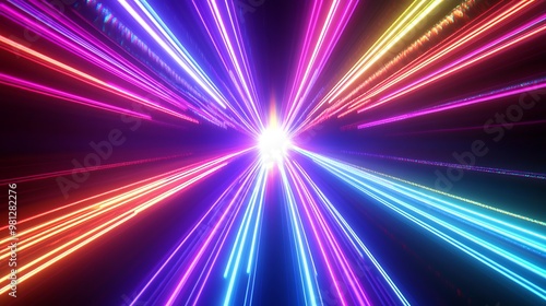 Radiating Neon Light Burst, futuristic flashes, Motion lights, Colorful Streaks on Dark Background