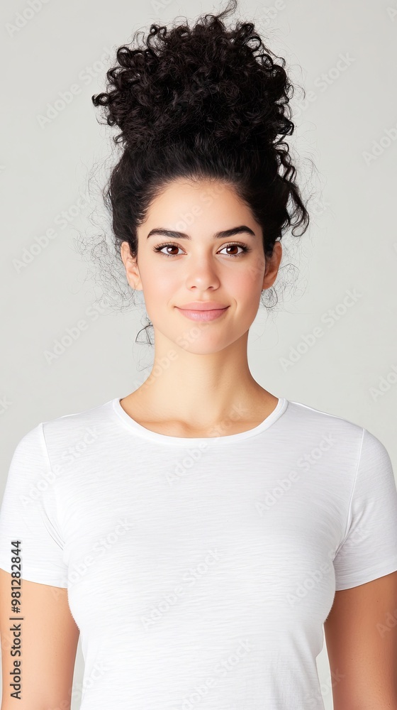 An attractive African American woman faces the camera with confidence, showcasing her flawless makeup and stylish white t-shirt, complemented by soft lighting An attractive African American woman faces the camera with confidence, showcasing her flawless makeup and stylish white t-shirt, complemented by soft lighting