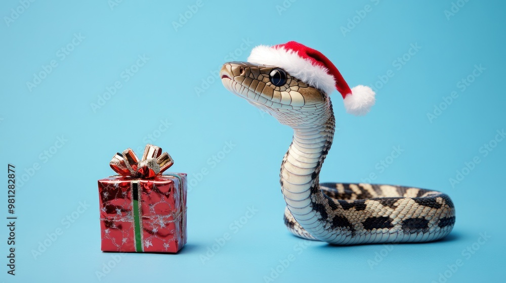 Fototapeta premium Snake in Santa hat next to gift on blue backdrop