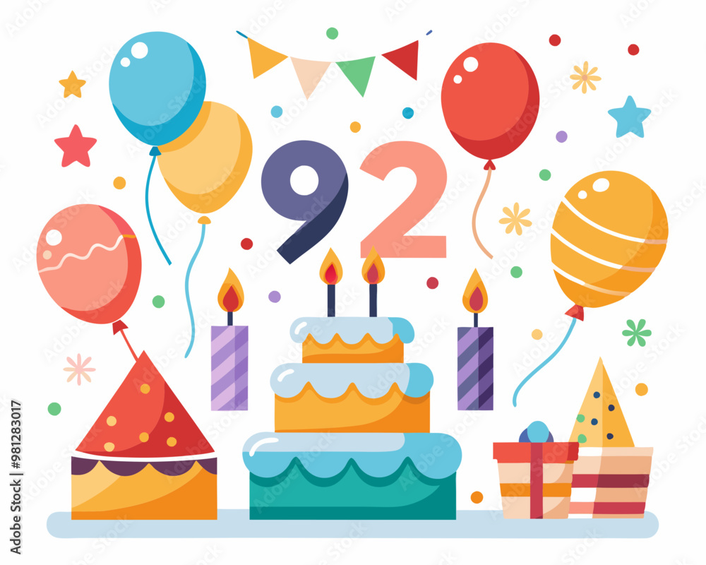 92 Birthday Vector With Cake, Balloons And Confetti 92 Birthday Vector With Cake, Balloons And Confetti