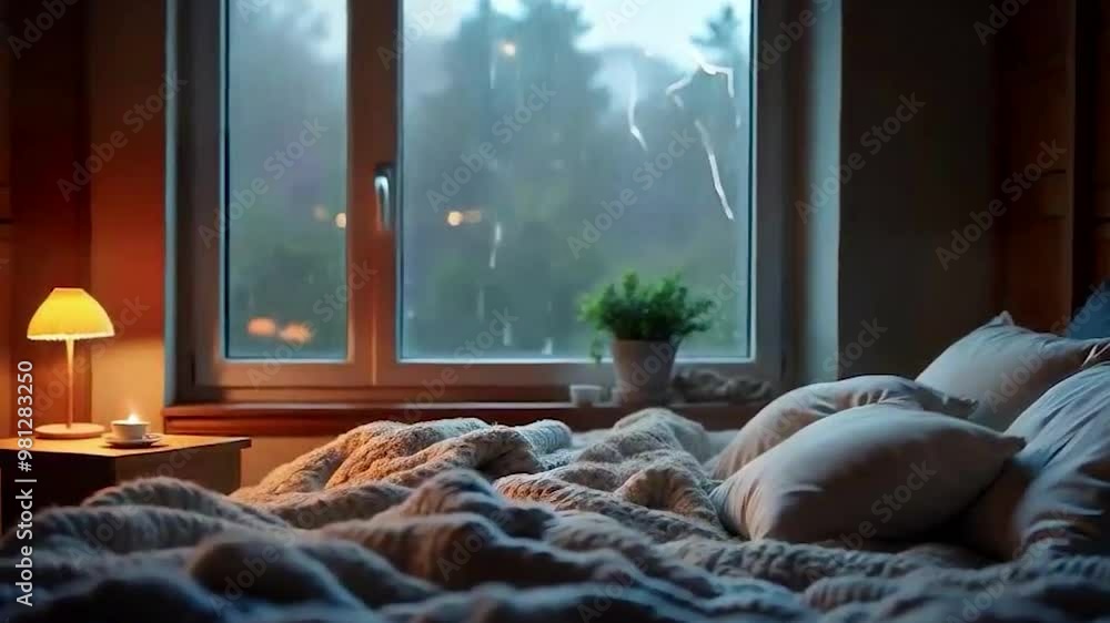 Cozy Bed with Rain Outside Window and Lamp Cozy Bed with Rain Outside Window and Lamp