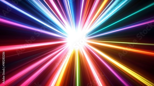 Radiating Neon Light Burst, futuristic flashes, Motion lights, Colorful Streaks on Dark Background