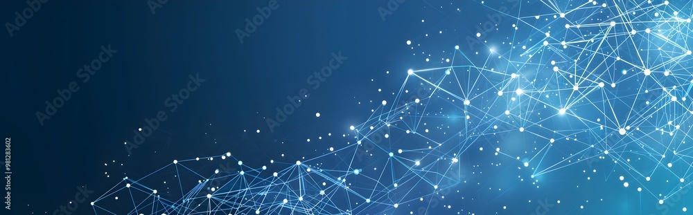 Blue background with white dots connected by lines, a vector network connection technology concept on a blue banner template design of an abstract polygonal line mesh for digital marketing website or Blue background with white dots connected by lines, a vector network connection technology concept on a blue banner template design of an abstract polygonal line mesh for digital marketing website or