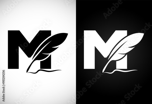 English alphabet M with feather logo design template. Logo for a writer or publishers.