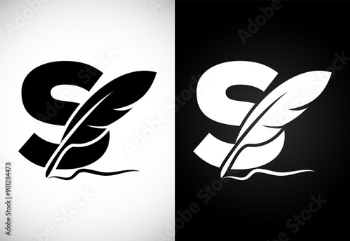 English alphabet S with feather logo design template. Logo for a writer or publishers.