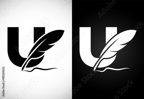 English alphabet U with feather logo design template. Logo for a writer or publishers.