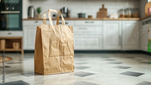 Paper Grocery Bag on Kitchen Floor in Modern White Kitchen