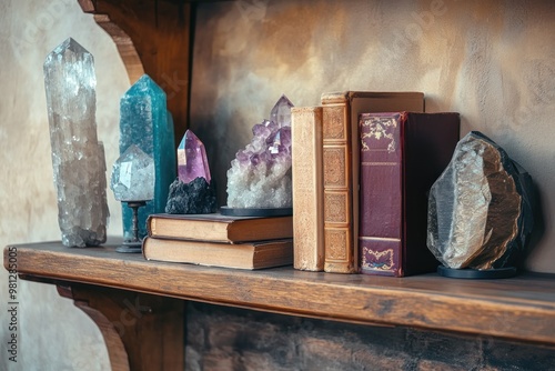 Wooden shelf with old magic books and crystals like amethysts and quartz stones in boho style. Modern decor elements of witch. Halloowen theme. photo