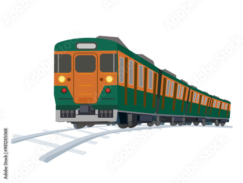 緑とオレンジ色の古い日本の電車