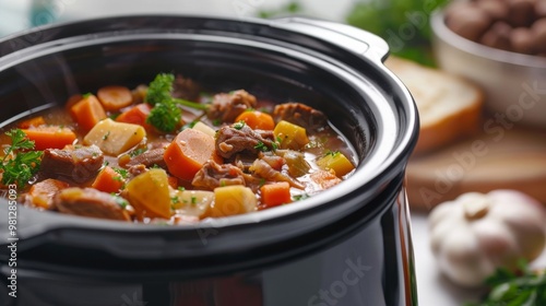 Delicious Slow Cooker Simmering Soup Isolated on White Background