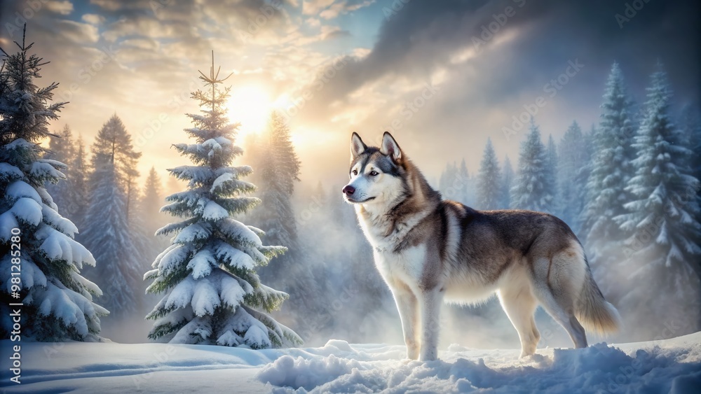 Naklejka premium Majestic Siberian Husky stands alone in a serene winter wonderland, its thick coat glistening in the snow-covered landscape with frosty trees and misty atmosphere.
