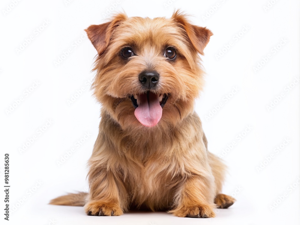 Adorable Norfolk Terrier dog sitting with open mouth, tongue out, gazing directly at camera, isolated on white background with ample copy space for text. Adorable Norfolk Terrier dog sitting with open mouth, tongue out, gazing directly at camera, isolated on white background with ample copy space for text.