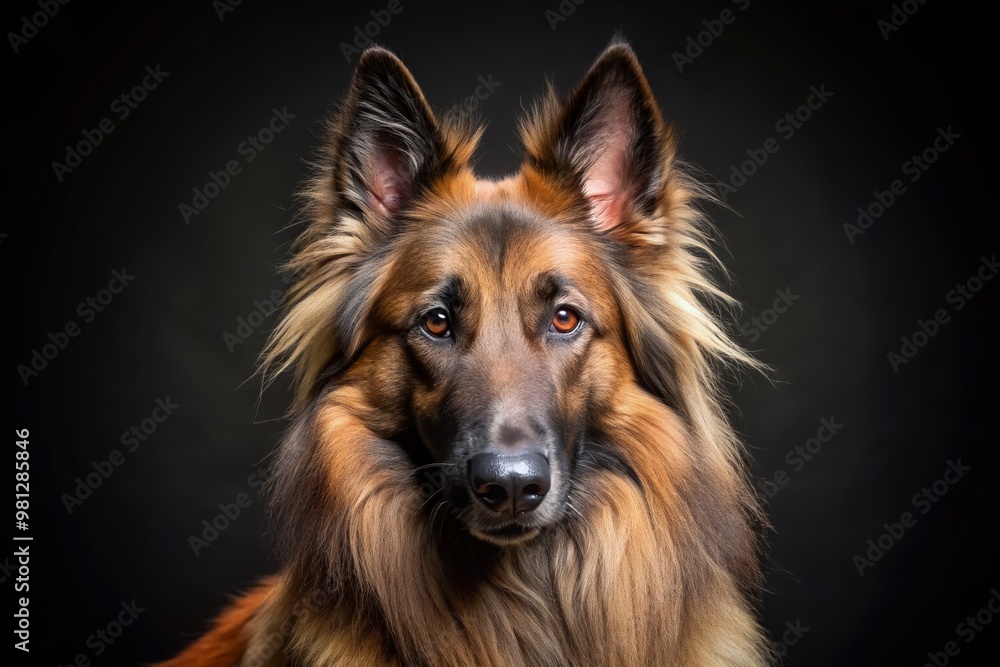 Intense gaze of a majestic Tervuren Belgian Shepherd dog with a thick coat and pointy ears, set against a clean black background with ample copy space. Intense gaze of a majestic Tervuren Belgian Shepherd dog with a thick coat and pointy ears, set against a clean black background with ample copy space.