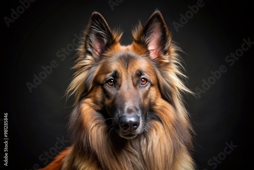 Intense gaze of a majestic Tervuren Belgian Shepherd dog with a thick coat and pointy ears, set against a clean black background with ample copy space.