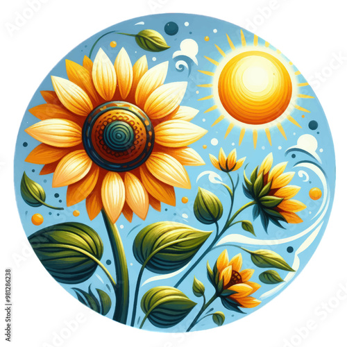 sunflower during the day with sun floral hand drawn illustration with flowers