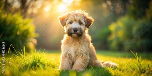 Adorable Soft Coated Wheaten Terrier puppy sits on green grass, its silky golden coat glistening in sunlight, ears perked up, eyes bright with curiosity. photo