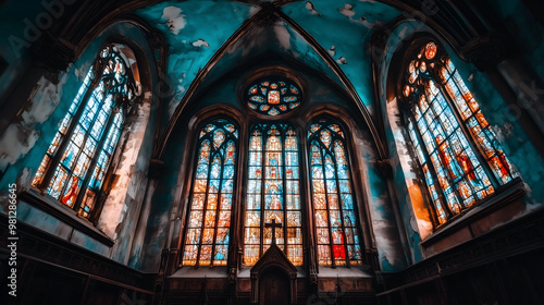 Stunning stained glass windows illuminating an old church's interior during golden hour