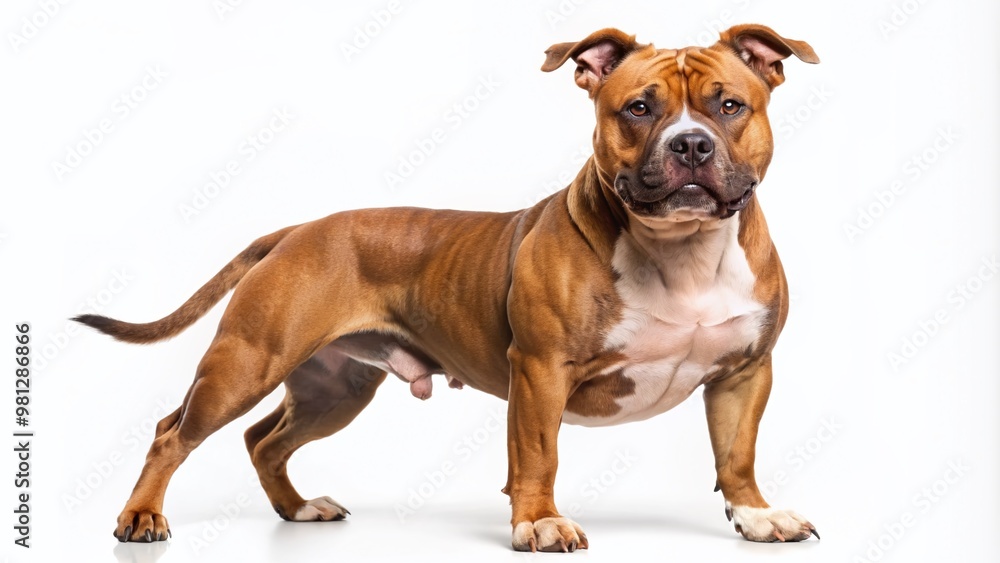 Energetic Staffordshire Bull Terrier stands confidently on a pristine white background, showcasing its muscular build, vibrant coat, and irresistible personality in a powerful pose. Energetic Staffordshire Bull Terrier stands confidently on a pristine white background, showcasing its muscular build, vibrant coat, and irresistible personality in a powerful pose.