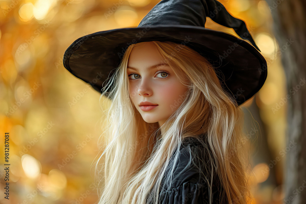 Portrait of a beautiful blonde witch, wearing a black hat and robe, set against an yellow autumn forest background, with soft lighting and a bokeh effect. Halloween banner with copy space. Portrait of a beautiful blonde witch, wearing a black hat and robe, set against an yellow autumn forest background, with soft lighting and a bokeh effect. Halloween banner with copy space.