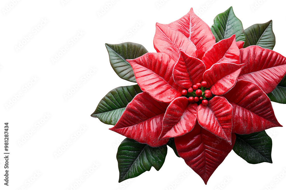Obraz premium A vibrant display of red poinsettia flowers with green leaves, isolated on a white background. Png die cut, isolated on white background. 