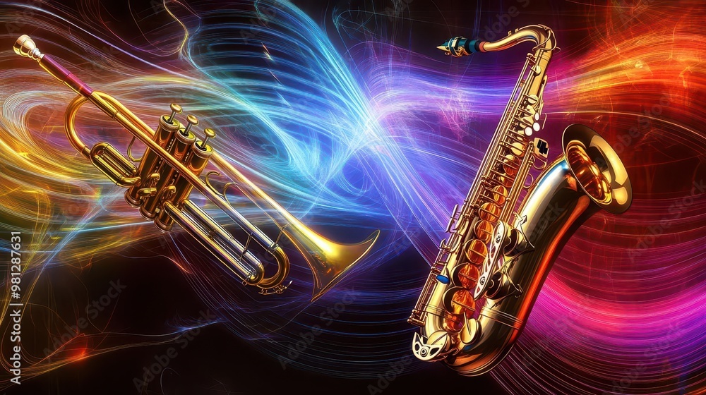 Obraz premium Abstract waves of sound and color emanating from a trumpet and saxophone