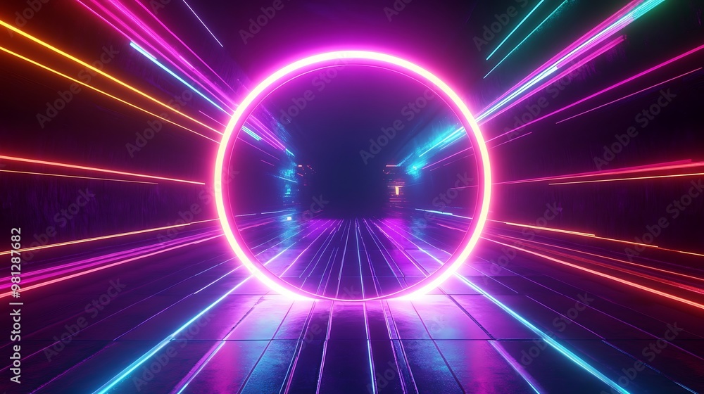 Fototapeta premium Radiating Neon Light Burst, futuristic flashes, Motion lights, Colorful Streaks on Dark Background