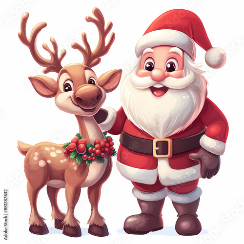 A deer and a man dressed as Santa are standing next to each other. The deer is wearing a wreath and the man is wearing a red hat and a belt. The scene is festive and joyful, with the deer