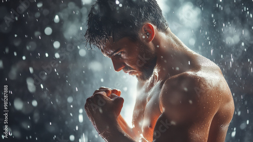 A determined man stands under a heavy rain, eyes closed, fists clenched, muscles tense, as water cascades down over him dramatically.