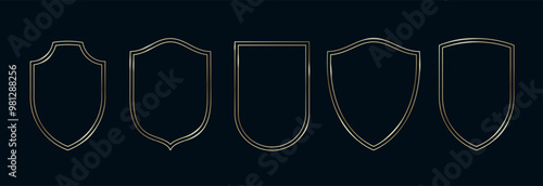 Golden Shield Arch Frames Set. Thin Line Gold Borders Luxury Minimalist Collection. Premium Vector Brass Outline Geometric Rectangles. Linear Decorative Banners with Black Background Isolated