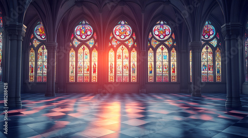 Beautiful stained glass windows illuminating the interior of a historic church at sunset