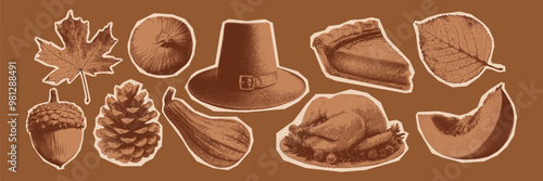 Leaves, pinecone, turkey, pumpkins, pie, pilgrim's hat. Thanksgiving concept. Fall set of retro graphic cutout elements. Halftone grainy photocopy texture. Collage vector dotted illustration. 
