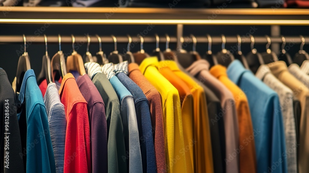 Colorful array of clothing hanging on a retail rack, showcasing a diverse selection of casual wear in various hues from vibrant to muted tones. Colorful array of clothing hanging on a retail rack, showcasing a diverse selection of casual wear in various hues from vibrant to muted tones.