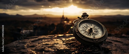 An antique pocket watch lies on a rock, illuminated by the warm sunset light, symbolizing the passage of time. The distant landscape adds depth to this nostalgic and reflective scene.